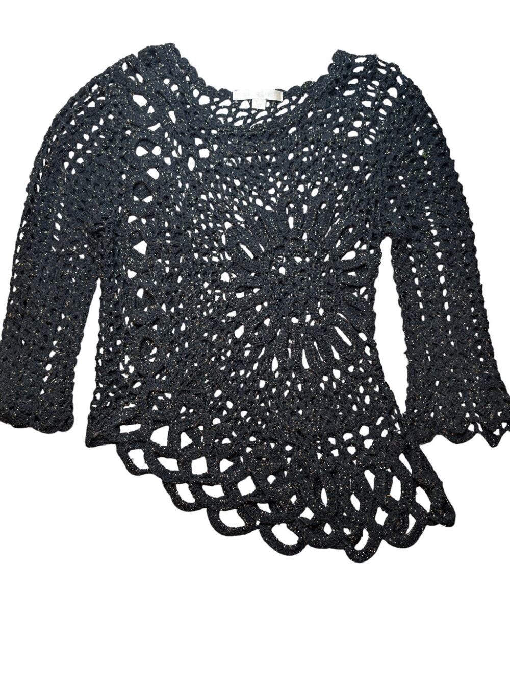 Black Crochet Top Bell Sleeve Sheet Lace Boho Festival Goth Asymmetrical